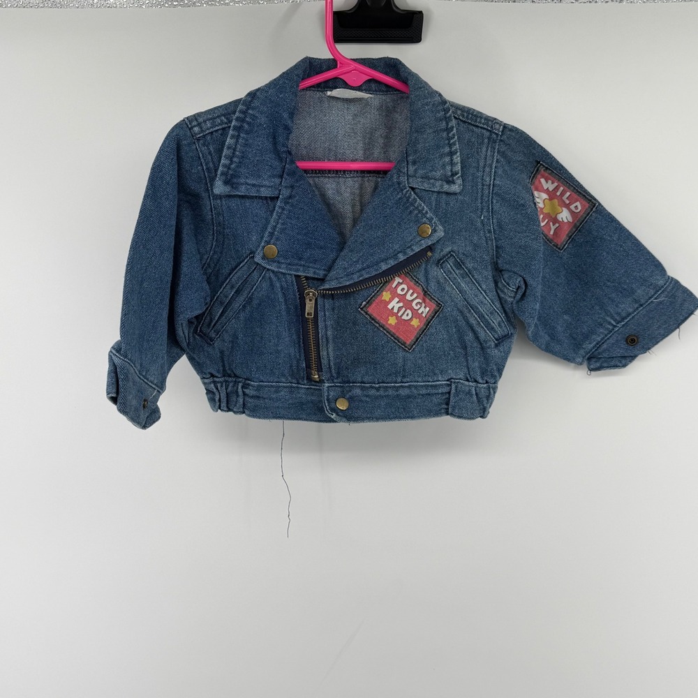 Hopscotch Vintage Toddler Denim Biker Jacket Blue Tough Kid Patch 12 Months